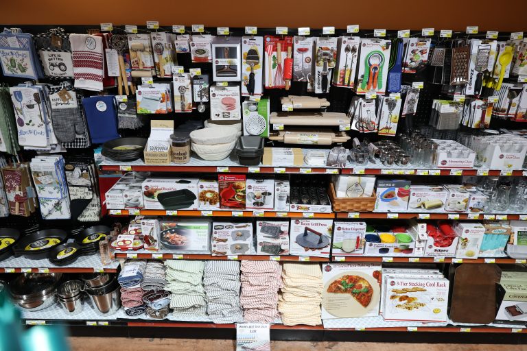 A vast array of useful kitchen utensils, cleaning supplies, and gadgets. Quality housewares